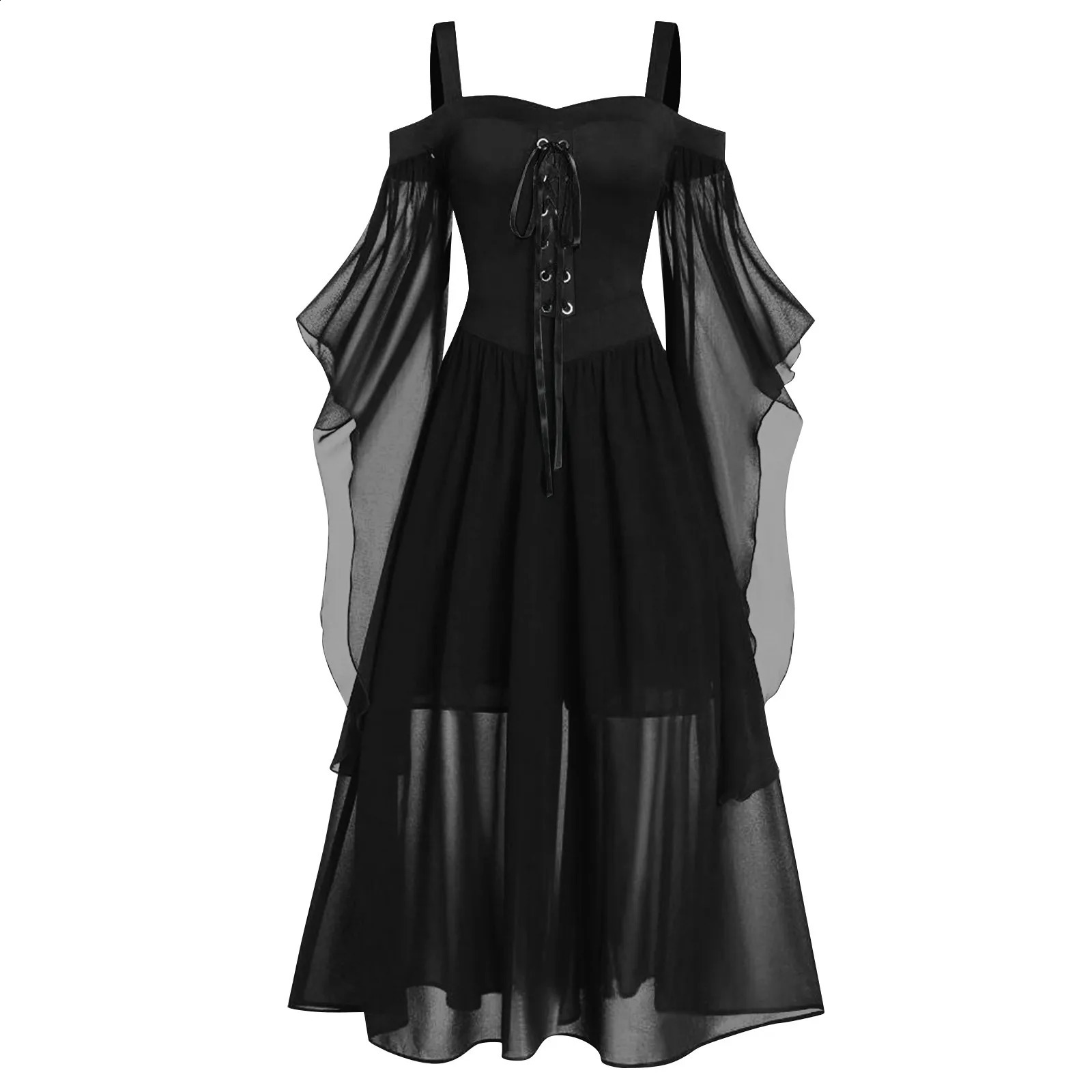 Retro medieval witch long dress Halloween carnival mesh drawstring big swing solid color retro style 240823