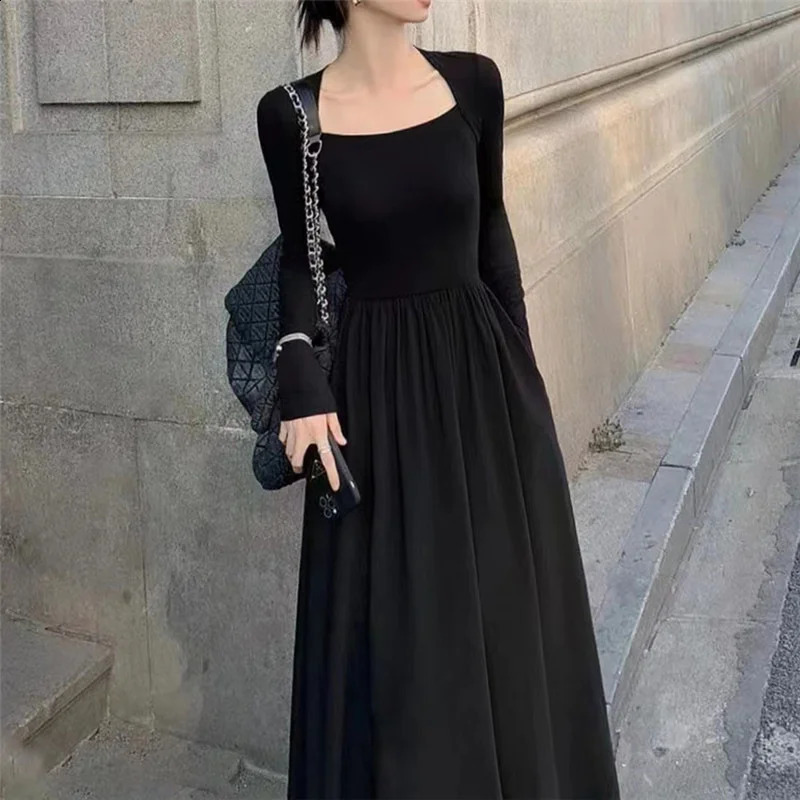 Women Casual Solid Dress Fall Winter Elegant Office Lady Dress Sexy Square Collar Long Sleeve High Waist Bodycon Party Dress 240823