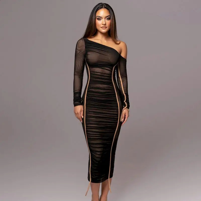 Elegant Diagonal Collar Long Sleeve Maxi Dresses for Women Sexy Two Layer Mesh Backless Ruched Bodycon Club Party Evening Dress 240823