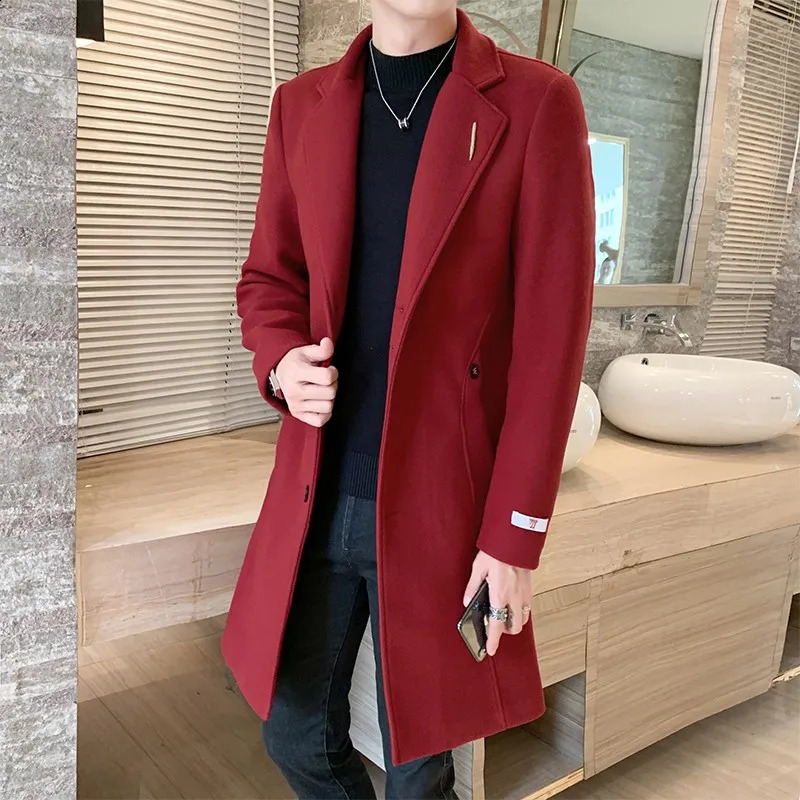 Red Long Mens Trench Coats Woolen Burgundy Elegant Gentleman Overcoats England Vintage Classic Claret Long Jackets Mens 240822