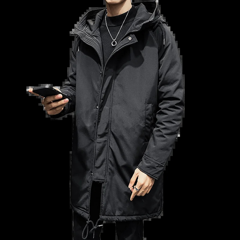 YASUGUOJI Mens Autumn and Winter Thicken Hooded Windbreaker Military Army Green Long Jacket Male Denim Trench Coat For Men 240822