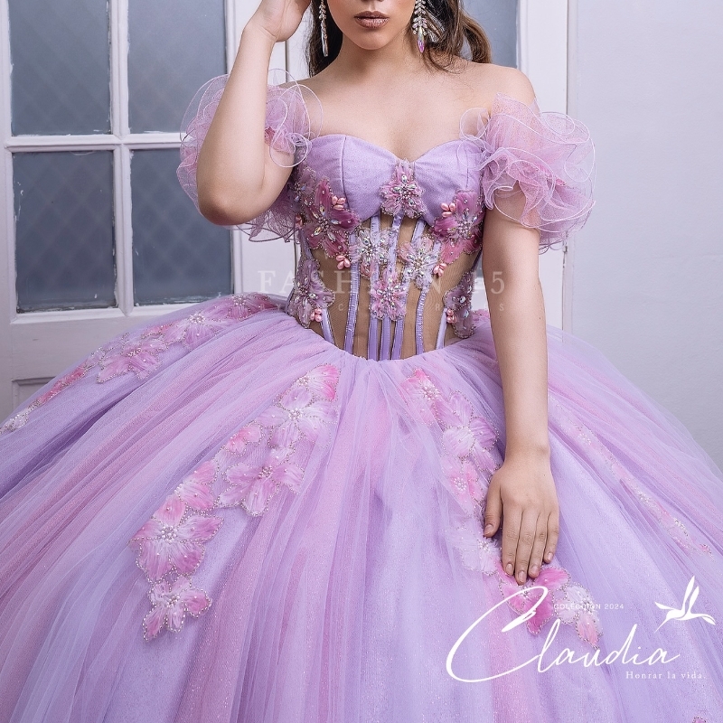 Lilac Princess Quinceanera Dresses Off The Shoulder 3D ral Applique Beaded Tull Corset Sweet 16 Dress Vestidos De 15 Anos