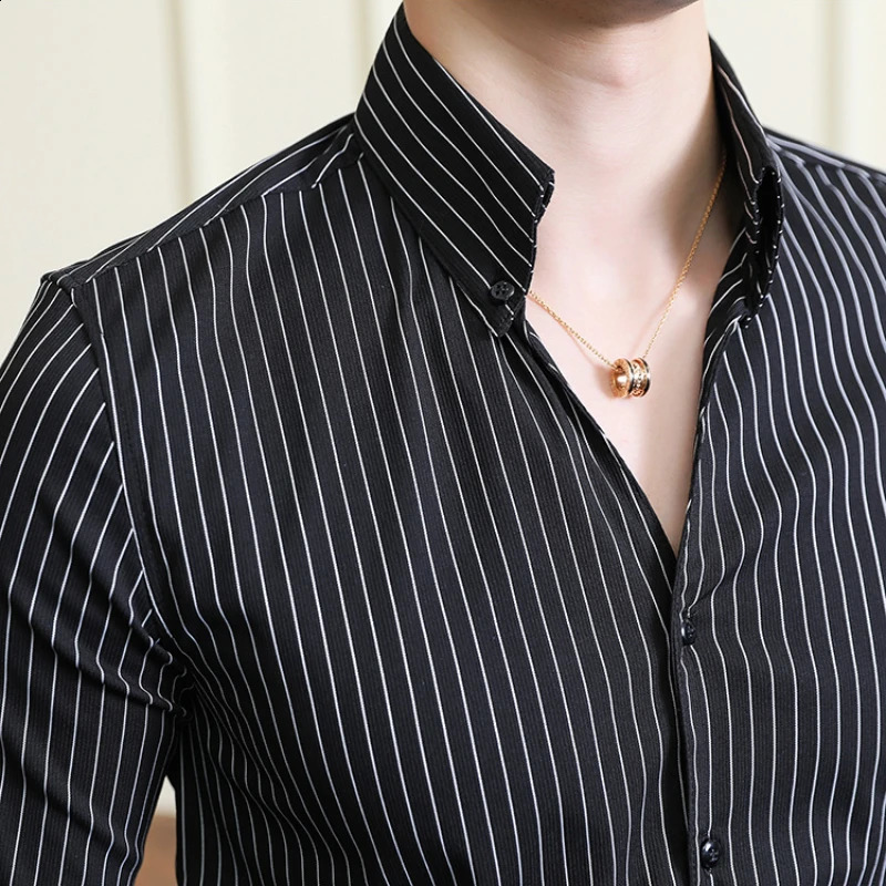 V-neck Mens Long-sleeve Striped Business Casual Shirt for Autumn Daily Commuting Formal Work Attire Mens Stand-up Collar Shirt 240822