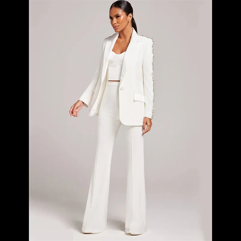 y womens formal pants set black and white diamond crystal slim fit jacket sparkling office business twopiece 240823