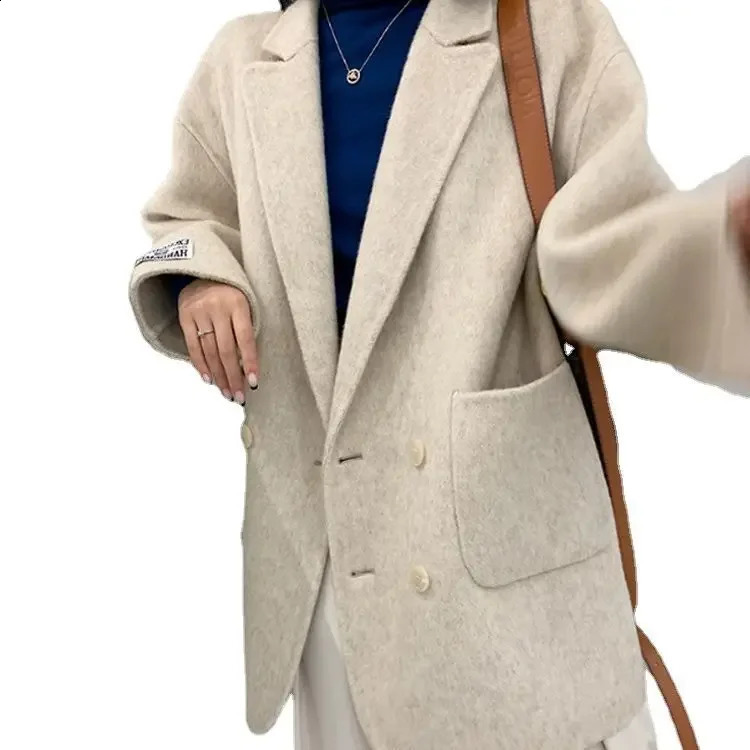 SuperAen Double-sided Cashmere Coat Long Wool Thickened Suit Style Thickened Loose Wool Jacket Coat for Women 240822