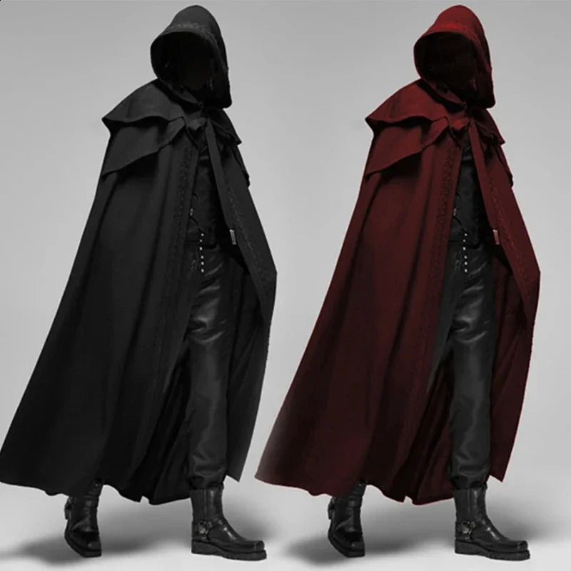 Medieval retro hooded loose black cape jacket windproof trench chic winter long horned raincoat Gothic male monk roleplaying 240823
