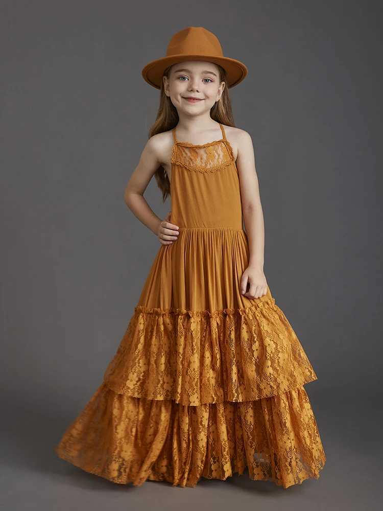 Plus size princess girl lace long dress baby children flower wedding Christmas party vest childrens clothing 3-15 years W240823