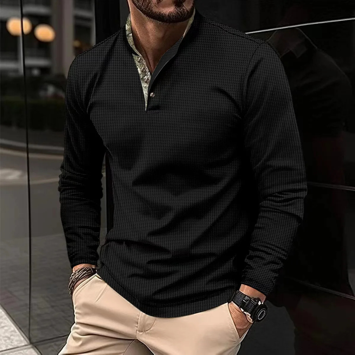 autumn and winter mens polo shirt with double layered stand up collar long sleeved sports 240823