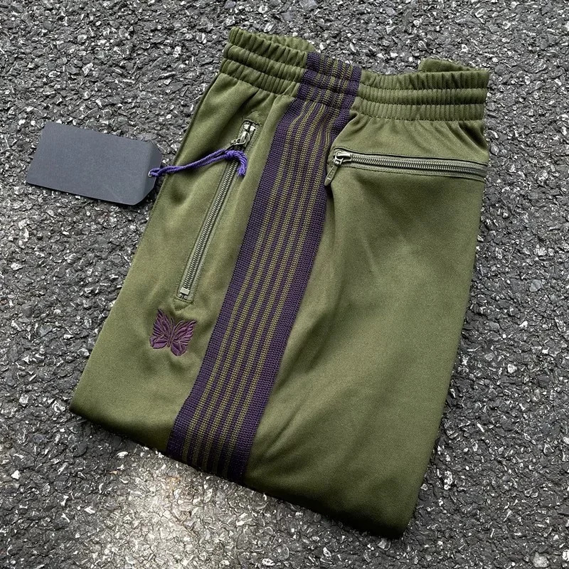 ss Olive Green Butterfly Embroidery Pants Men Women 1 1 Tags Jogger Drawstring Striped Pants Casual Straight Pants 240822