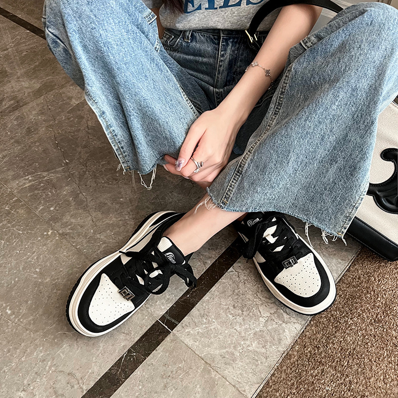 Ddmysports Premium Version Genuine Leather Thick Soled For Women Spring New Black And White Sports Shoes Panda Board OUTDOOR
