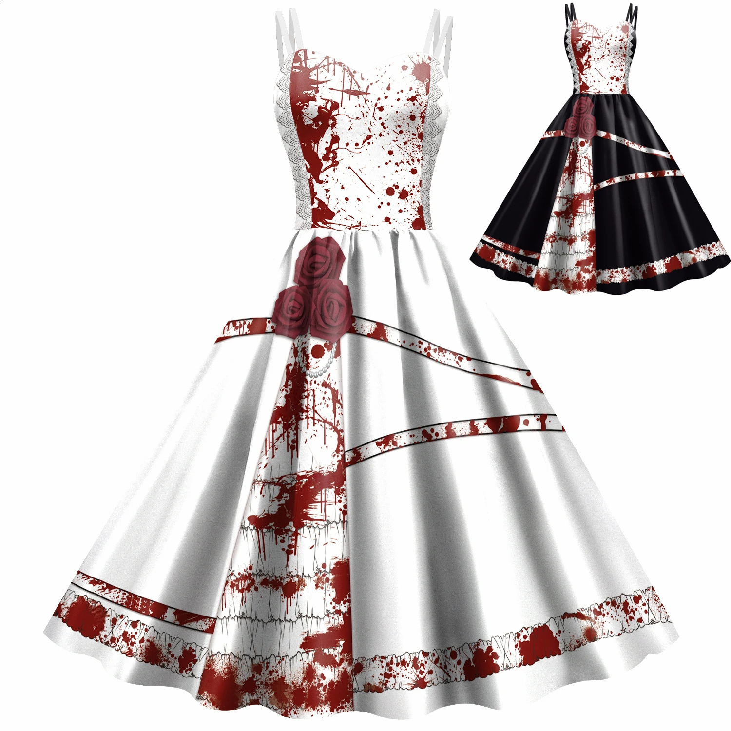 Halloween Terrifying Blood Rose Princess Cosplay Costume Girl Printing Inventory Makeup Carnival Party 240823