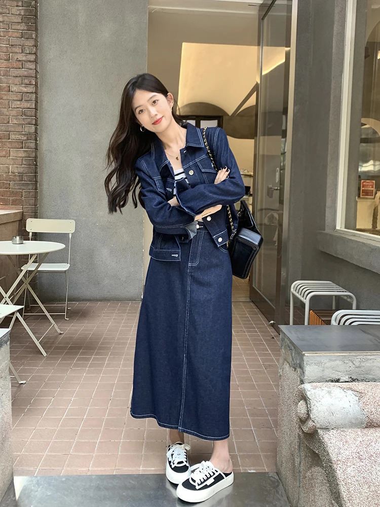 Autumn Winter Denim Two-piece Set For Women Lapel Collar Jacket Tops And Pencil Skirt Female Large Size 3XL Blue Matching Suits 240823