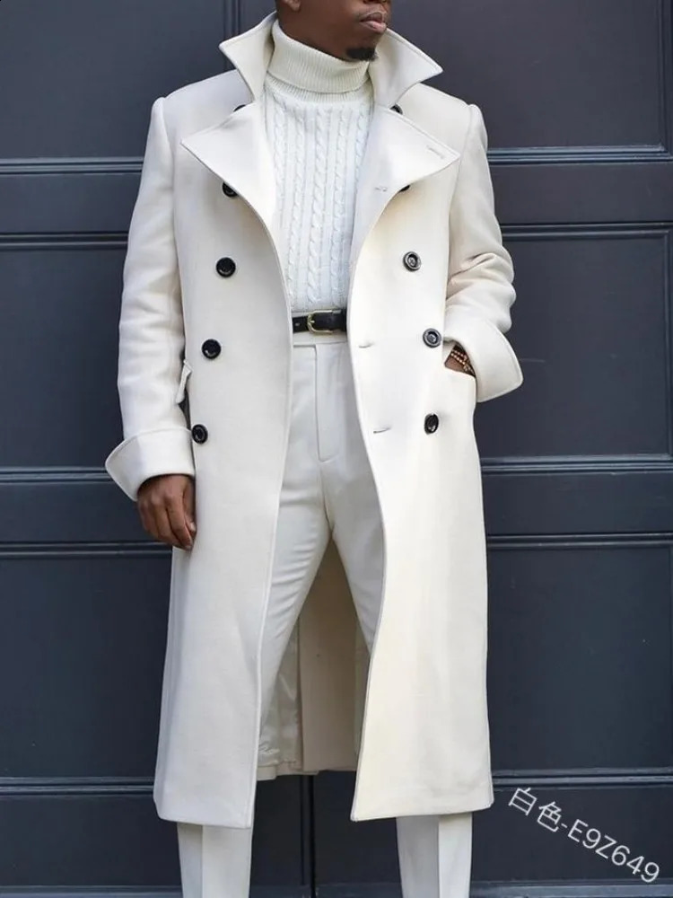 Male Solid White Blue Gray England Style Woolen Overcoat Double-Breasted Long Trench Coat Casual Winter Men Fashion Warm Jackets 240822