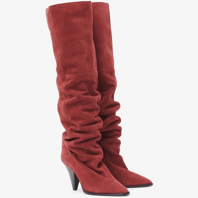 Retro Red Modern Show Kneeling High Heels Pointed Heels Solid Slip Up Stacked Party Dress Autumn Winter Womens Shoes 240823