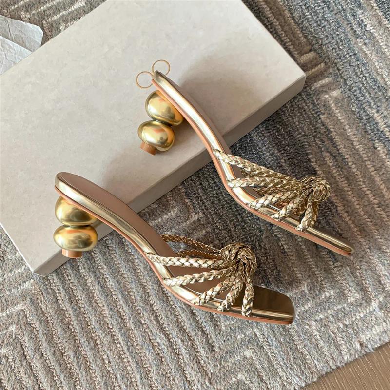 2025 S Fashion Designer Sandals Aucegi Summer Novelty Slipper Women Strange Style Round High Heels Square Toe Dress Banquet Shoes