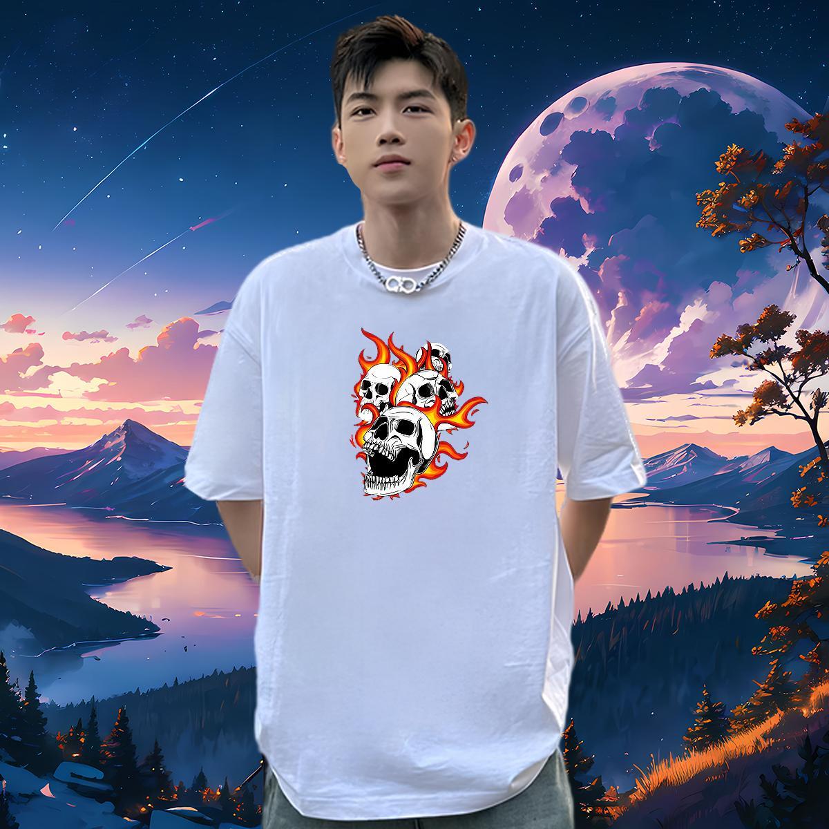 Cool Mens T Shirts 230g 100% Cotton skull Spring Summer Cartoon Print O Neck Short Sleeves Men Tshirts Fashion New Tops