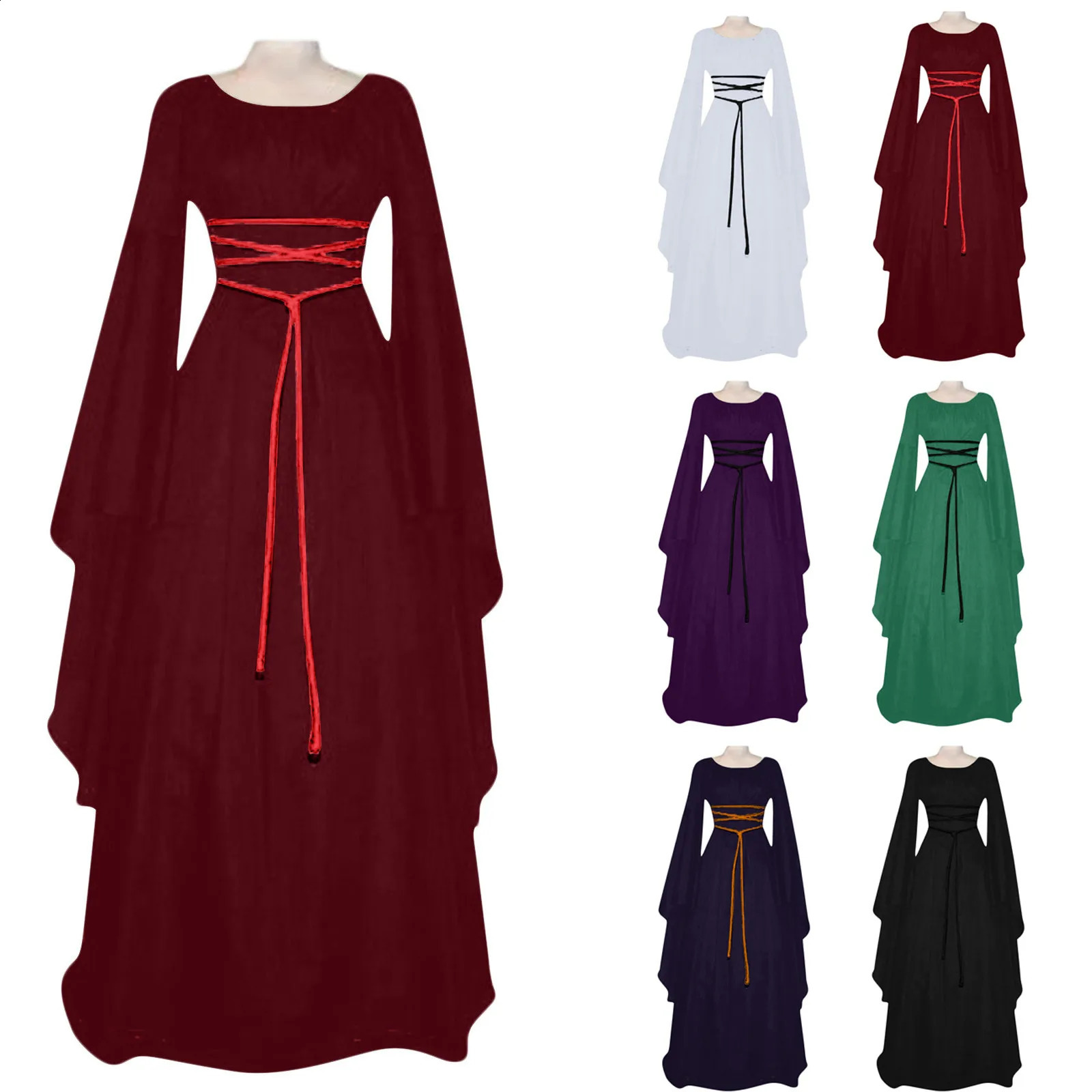 Womens medieval ball dress long sleeved round neck belt irregular retro Halloween costume 240823