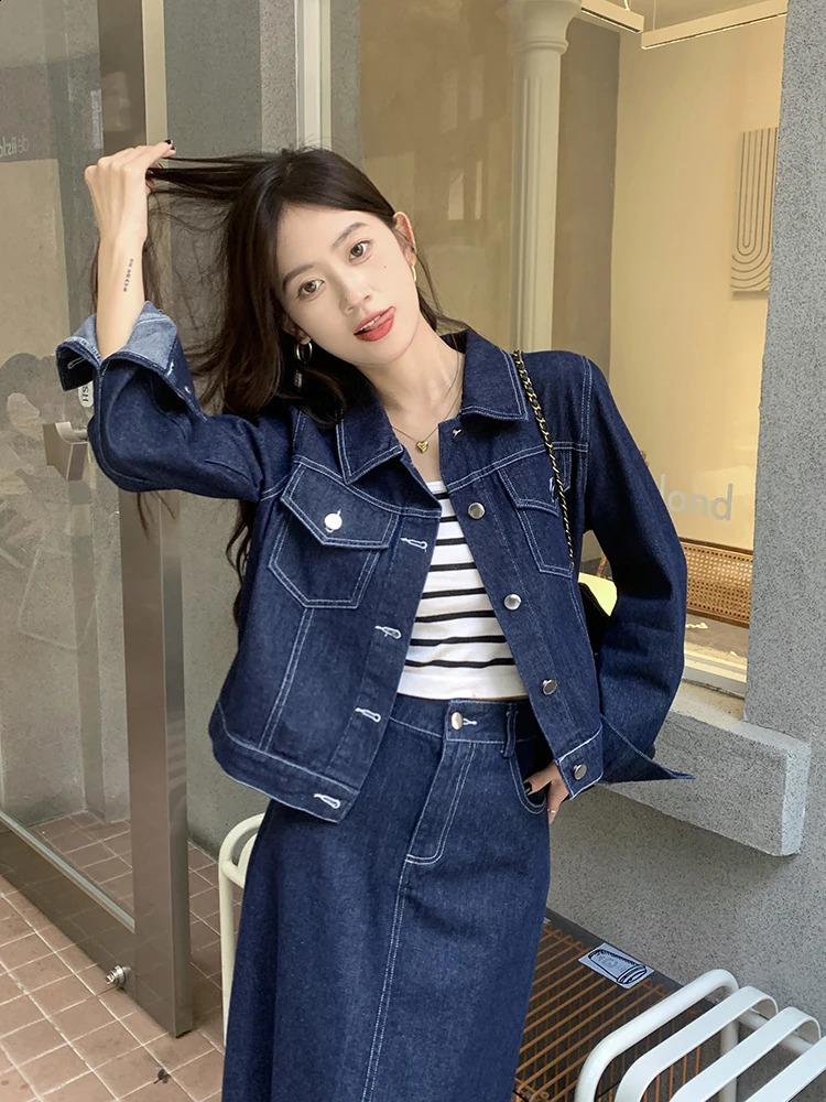 Autumn Winter Denim Two-piece Set For Women Lapel Collar Jacket Tops And Pencil Skirt Female Large Size 3XL Blue Matching Suits 240823
