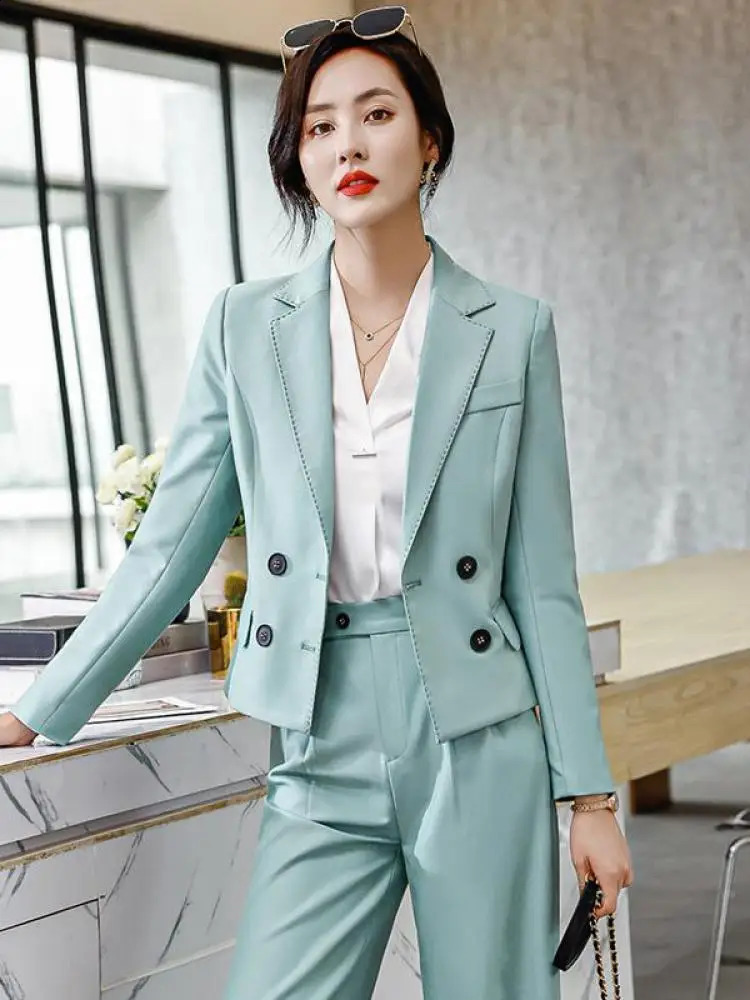 Autumn highquality office womens long pants set solid work clothes jacket and wide leg Trouser 2piece 240823