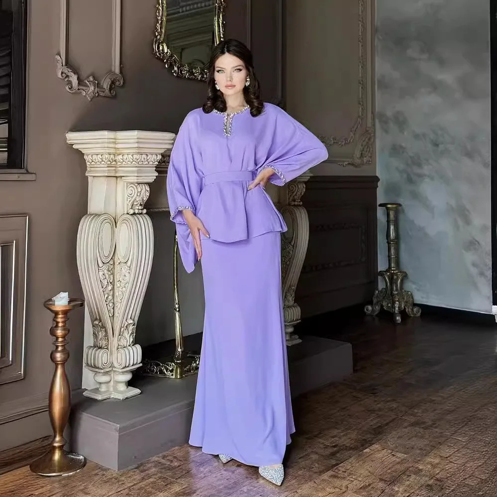 Skirt Set Women Two Piece Sets Round Neck Full Bat Sleeve Sexy Dress Sets Tops Tight Waist Long Skirts Elegant Splice Summer 240823