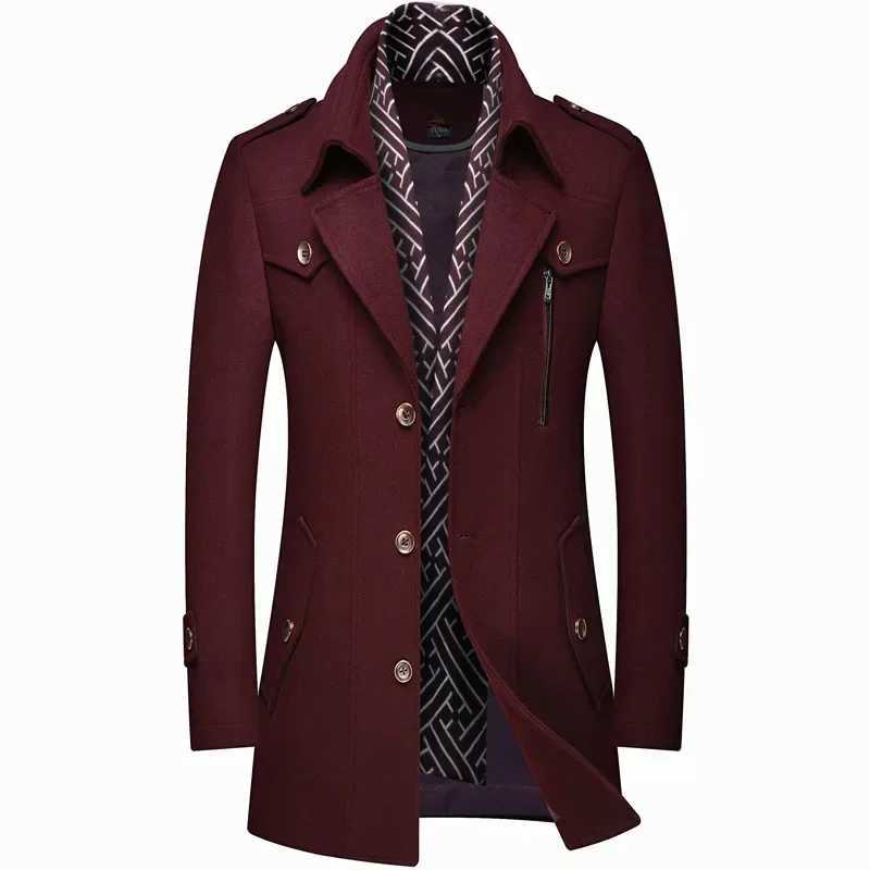 Mens Woolen Coats Fashion Thicken Mid Length Trench Turn Down Collar Warm Outerwear Business Casual Wool CoatXJ240822