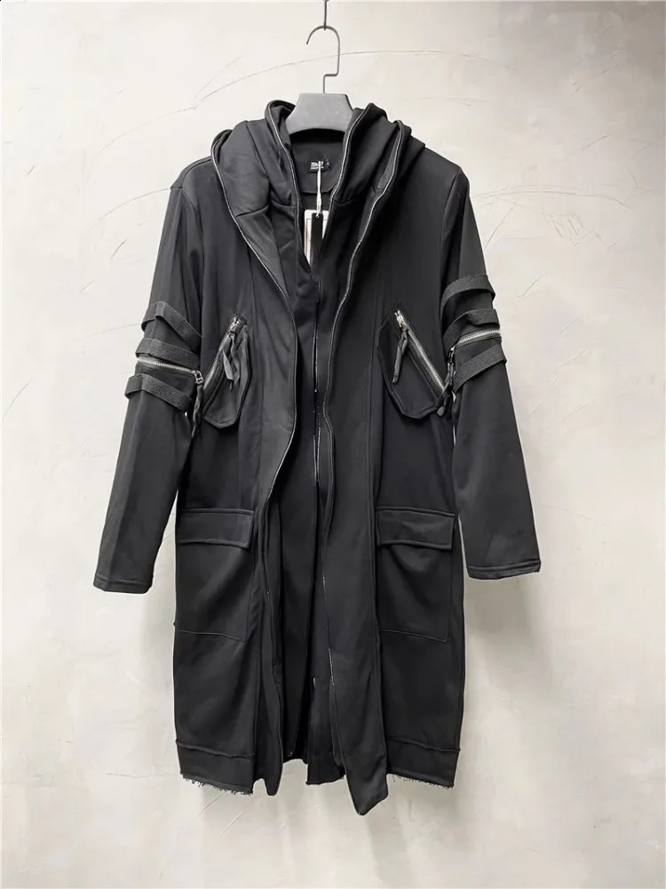 Gothic Black Medium Length Hooded Trench Men Japanese Style High Street Multi Zipper Casual Long Coat Spliced Cloak Wndbreakers 240822