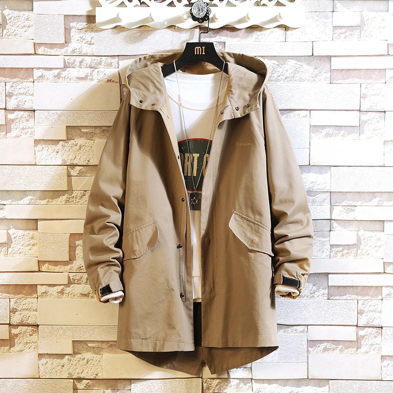 Spring Mens Windbreaker Hooded Zipper Jackets Cargo Trench Coat Mens Casual Autumn Fashion Streetwear Cotton Jacket 240822