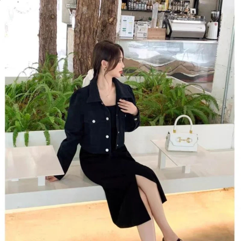 Retro Casual Outfits Spring Autumn Short Denim Jacket Paired with Suspender Split Long Skirt Two-piece Set for Women 240823