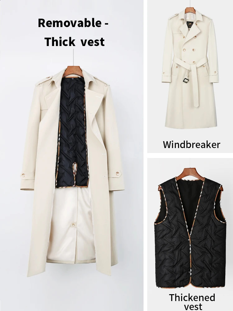 Super long windbreaker men British trench coatdouble-breasted mid-gray long dress spring and autumn over knee fashion thi 240822