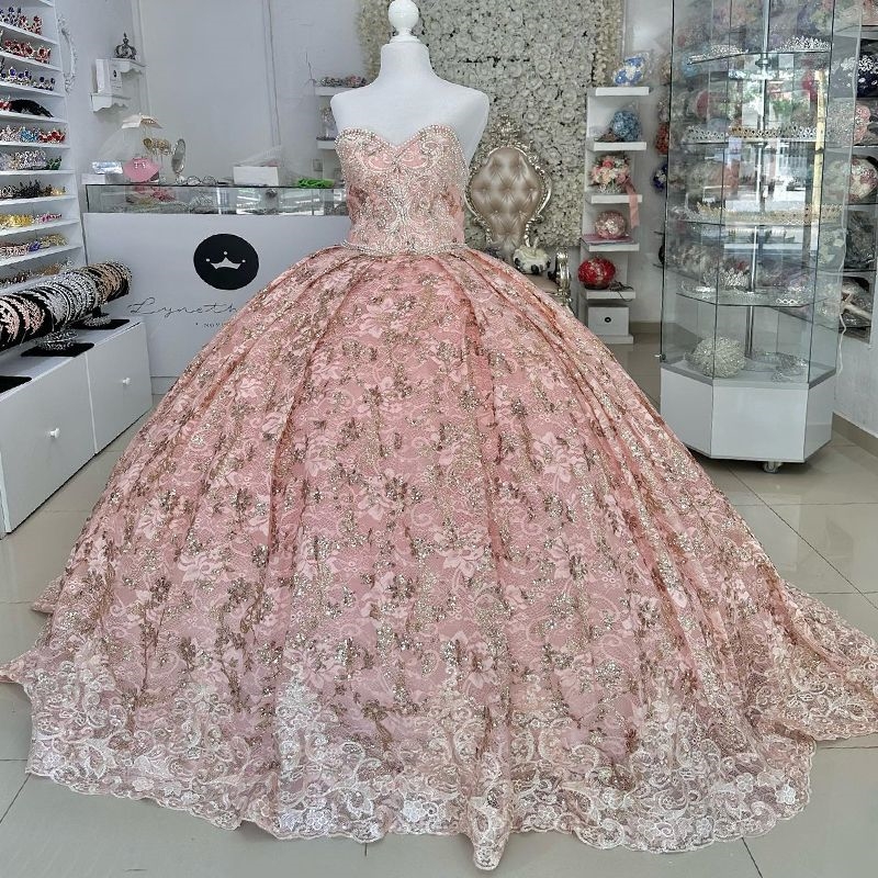 Pink Sparkly Quinceanera Dresses Party Birthday Bride Robe Applique Bow Beads Crystal Tull Bridal Dress Vestidos 15 De Novia Sweet 16 Dress