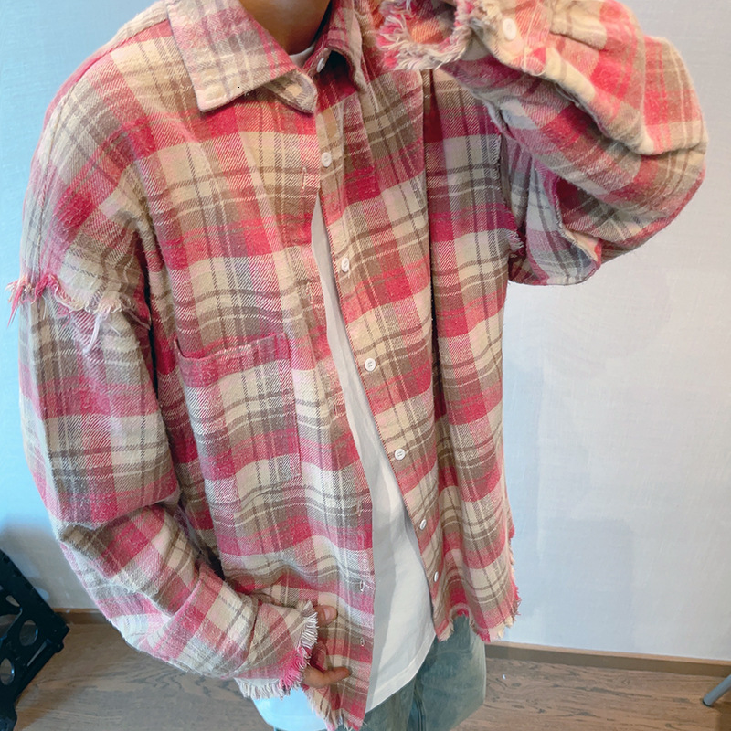 Autumn Trendy Style Design with a Loose Fit Broken Edges Pink Grid New Vintage Long Sleeved Shirt Jacket