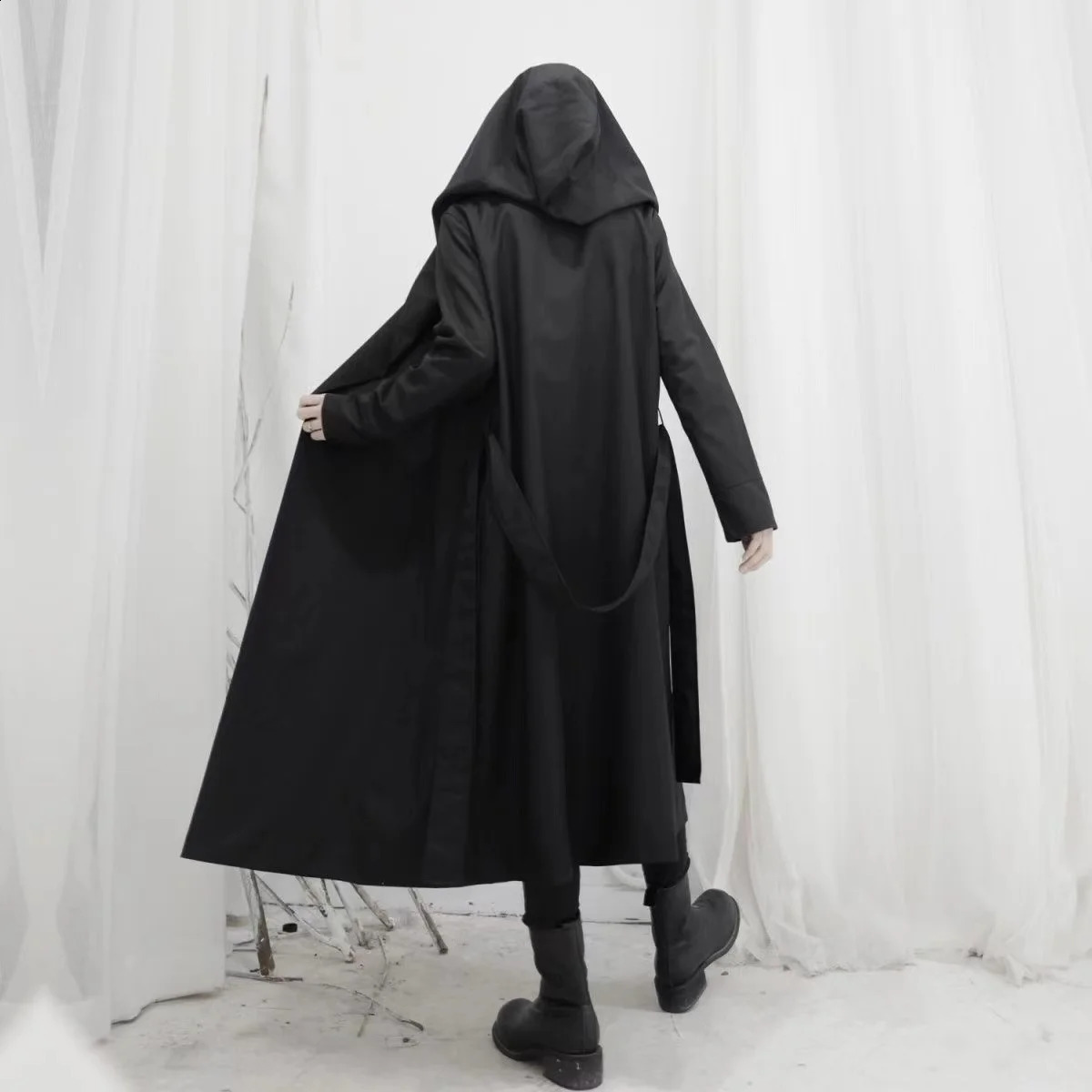 ARENS Hooded Trench Coat Men and Women Gothic Punk Lace Up Cardigan Long Windbreaker Fall Korean Dark Black Style Punk Overcoat 240822