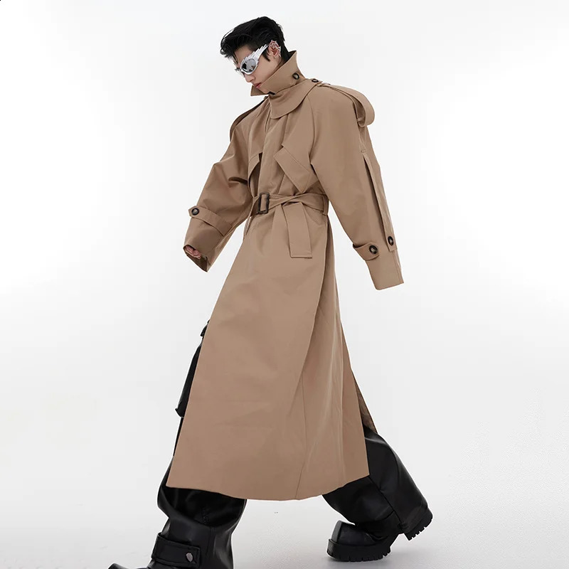 FEWQ Mens Long Overcoat Shoulder Pad Windbreaker Streetwear Safari Style Knee Length Coat Fashion Male Clothing 9C1708 240822