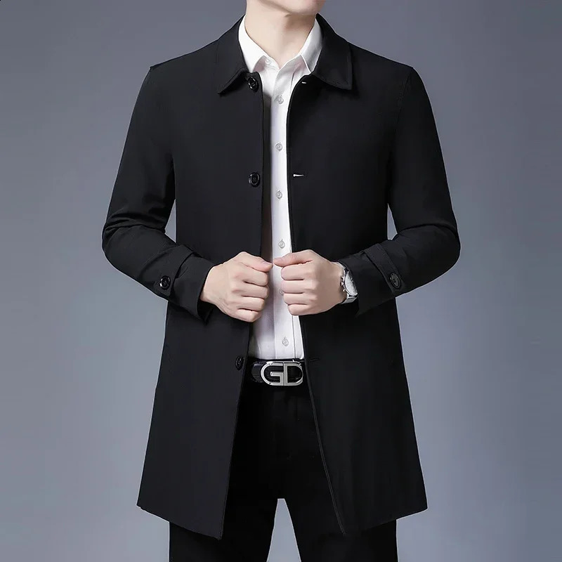 Mens Spring Jacket Arrival Mens Business Casual Black Khaki Long Jacket Top Quality Single Breasted Solid Trench Coat 240822