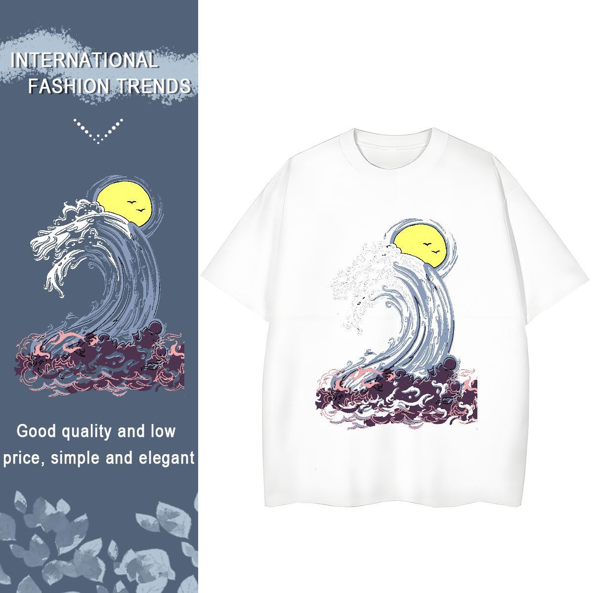 Unisex Womens Tshirts 230g Pure Cotton sea wave Street Casual T-Shirts Comfortable Cartoon Floral Printing Tees