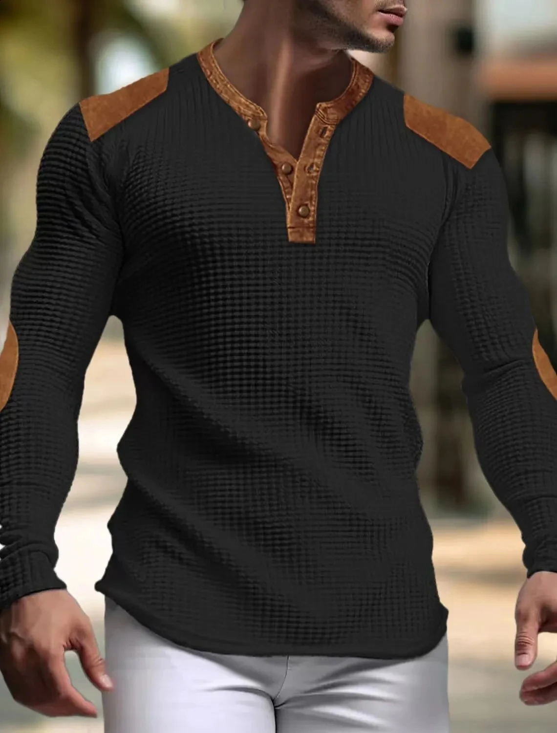 Breathable mens casual spring and autumn Vneck mesh solid color slim suitable for long sleep top with trend button 240822