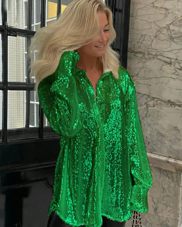 Womens Y2K sequined button down sweater shirt long sleeved sparkling top party club outfit streetwear 240822