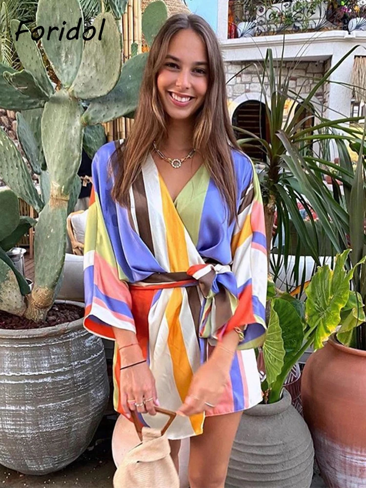 Foridol V Neck Stripe Casual Satin Romper Women Batwing Sleeve Wide Leg Fashion Playsuits Overalls Bowknot Loose Rompers 2024 240822 - view 3