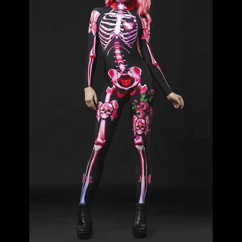 Girl Halloween haunted house themed party long sleeved Allover womens cartoon skeleton with heart and skull graphic printing rack 240823