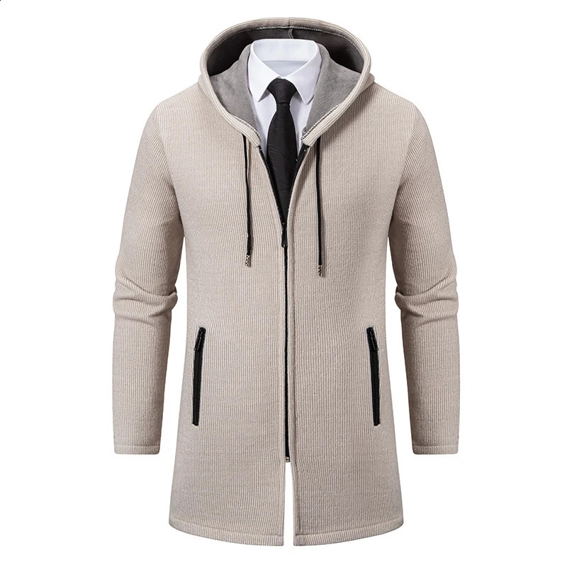 Mens Long Cardigan Full Zip Trench Coat Thick Fleece Hooded Jacket Cardigans Coats Japanese Korean Style Man Clothes 240822