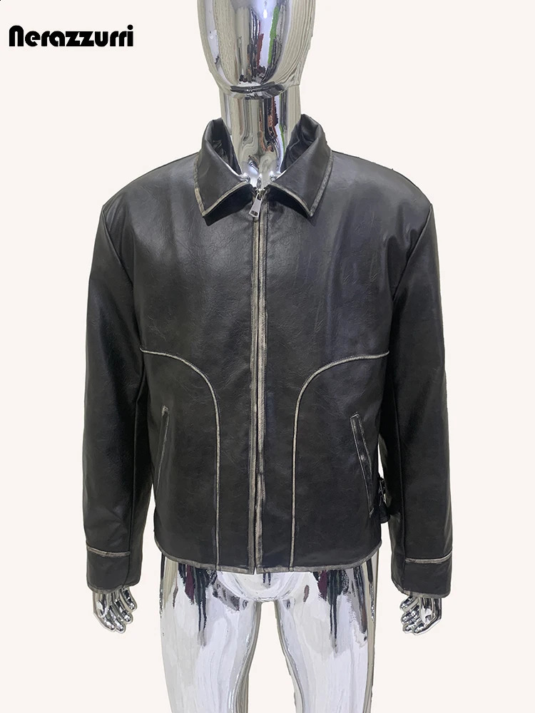Nerazzurri Spring Autumn Washed Distressed Black Pu Leather Jacket Men Quilted Lining Turn-down Collar American Retro Clothes 240822