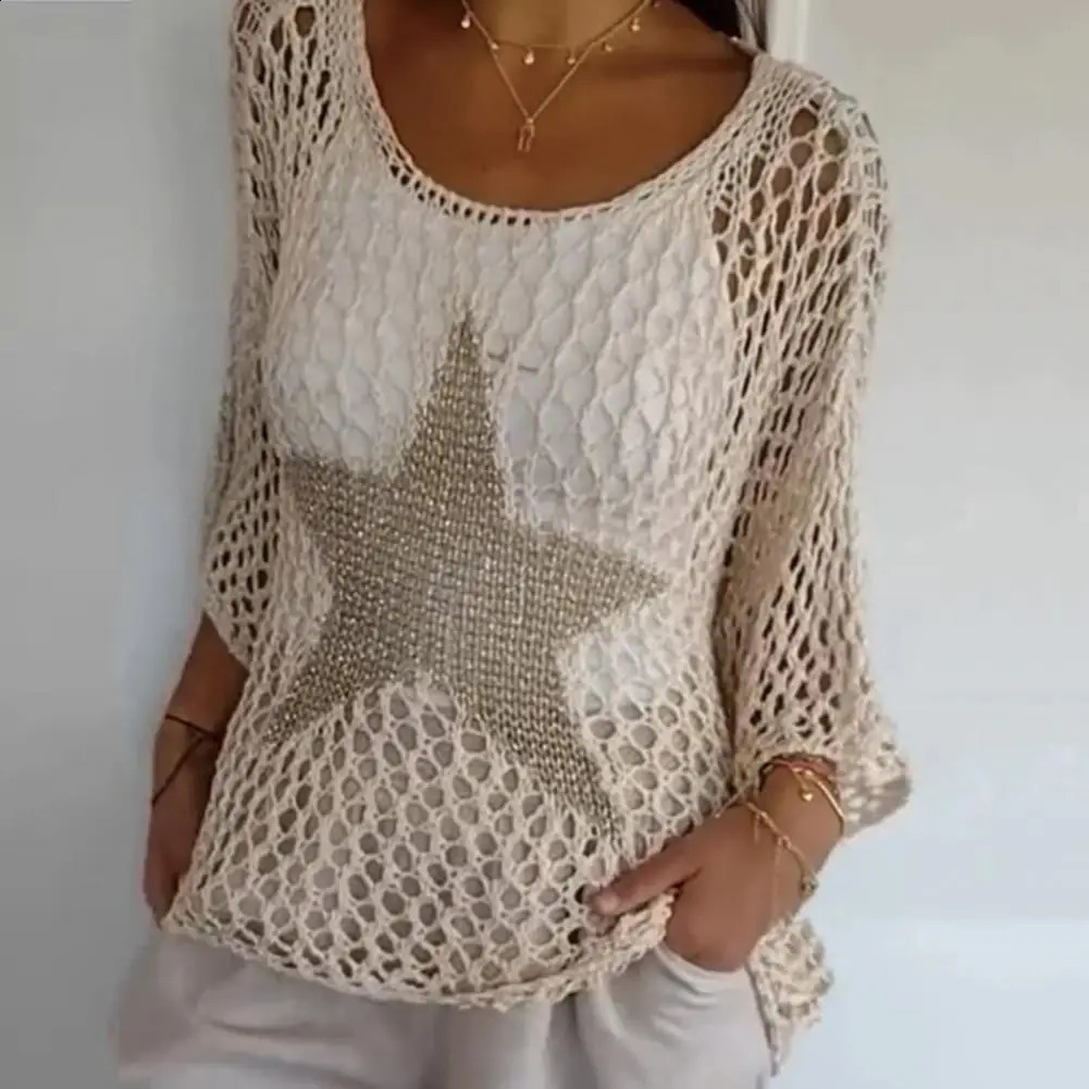 Crochet fishnet shirt fashionable womens crochet top Oneck knitted Vneck sweater summer to attract fashion 240822