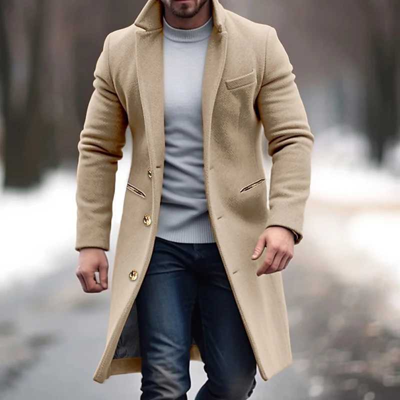 New mens mid length woolen coat winter mens single breasted wool coat 2024 mens suit collar solid color office pocket jacketXJ240822