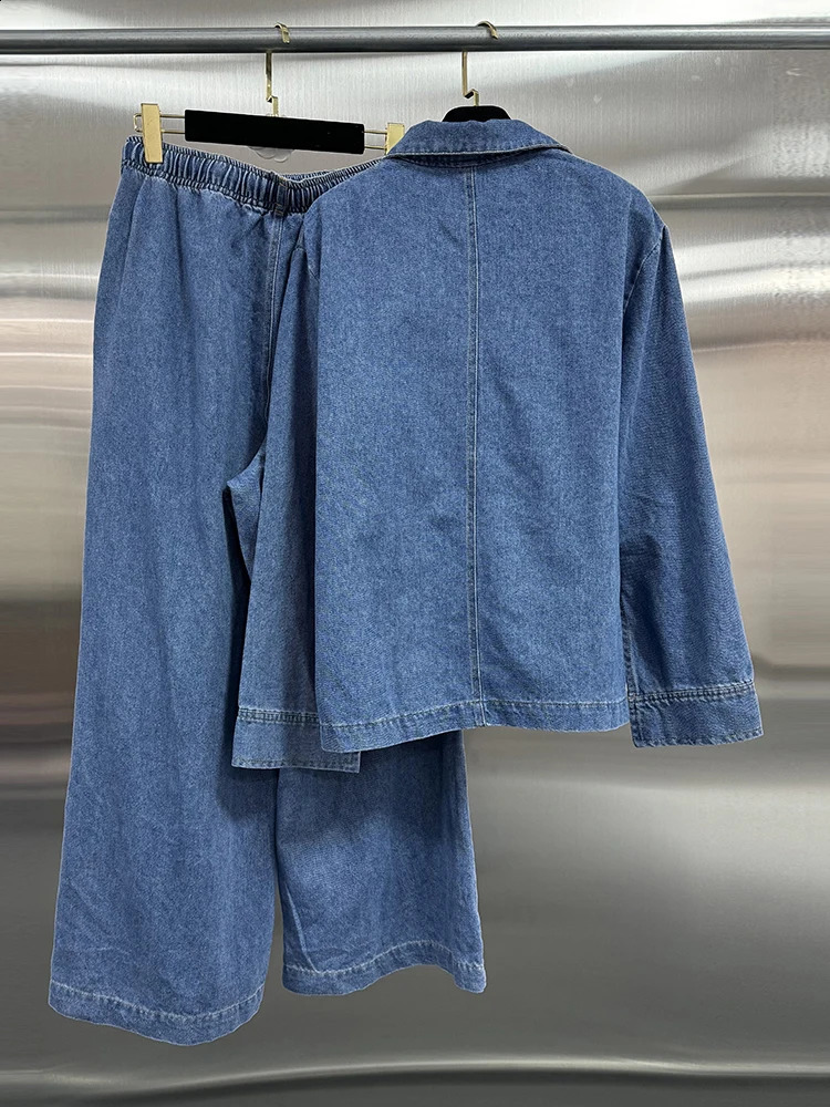 VGH Solid Denim Two Piece Set Womens Collar Long Sleeve Shirt High Waist Loose Wide Leg Pants Minimalist Casual Style 240823 C260312