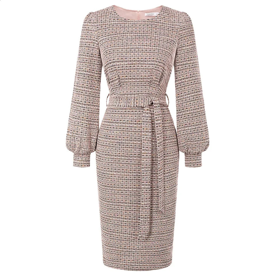 Jasambac Women Tweed Dress Autumn Korean Style OL Elegant Long Sleeve Hips-wrapped Crew Neck Back Slit Bodycon Dress With Belt 240823