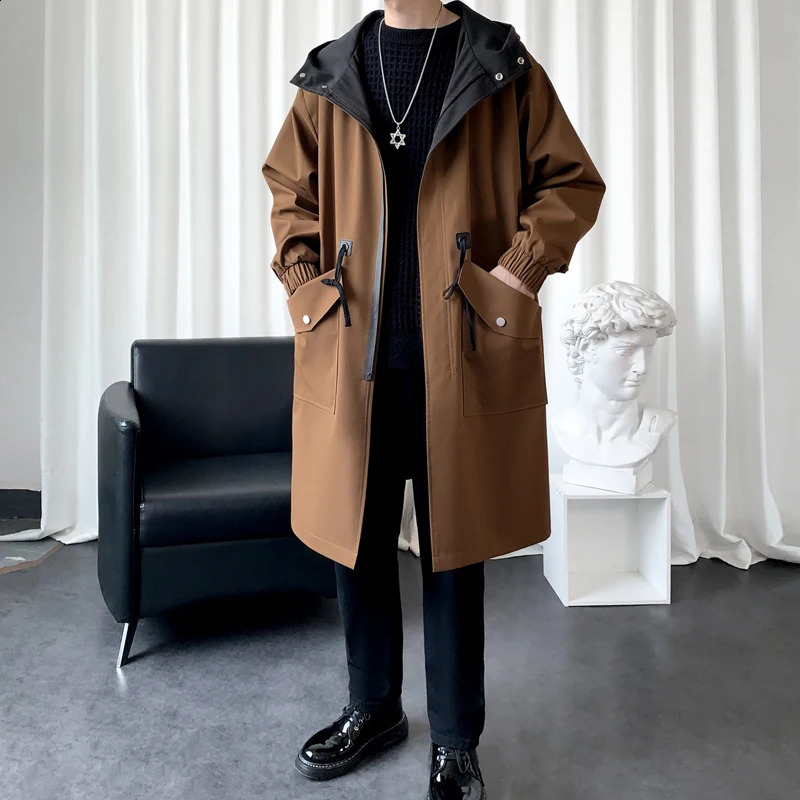 Autumn Trench Coat Men Windbreaker Hooded Jackets Harajuku Pocket Overcoat Men Clothing Outerwear Fashion Streetwear 240822