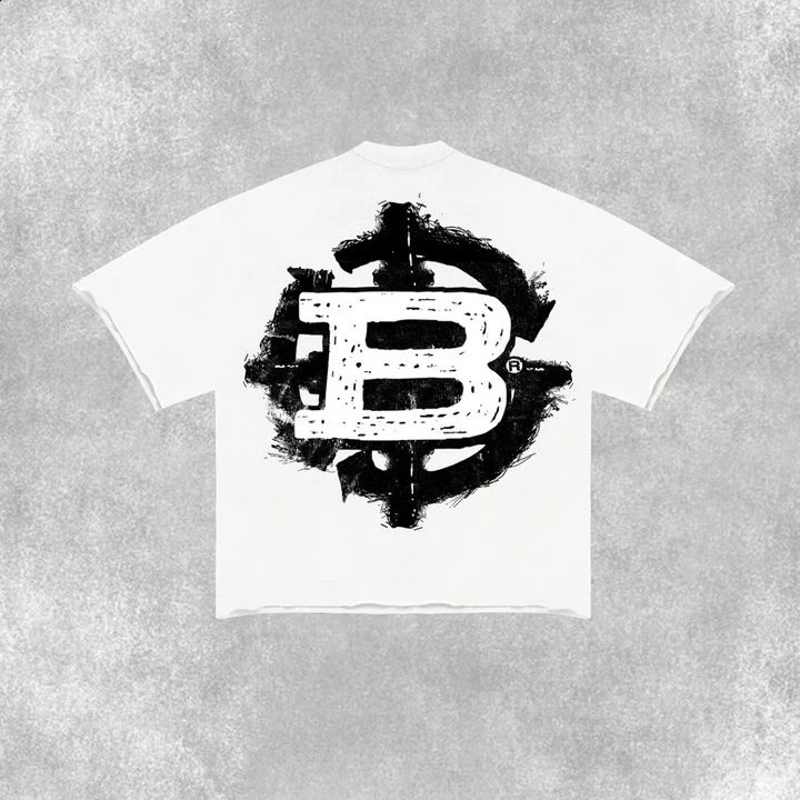 Street clothing Tshirt Y2K short sleeved top retro punk rock pattern oversized mens round neck cotton 240822