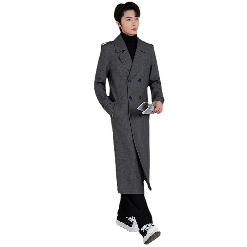 Fashion Autumn Winter Men Trench Coat British Style Double breasted Long Windbreaker Warm Outwear Grey Jacket 240822