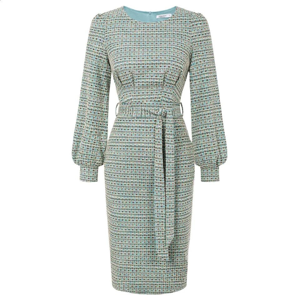 Jasambac Women Tweed Dress Autumn Korean Style OL Elegant Long Sleeve Hips-wrapped Crew Neck Back Slit Bodycon Dress With Belt 240823