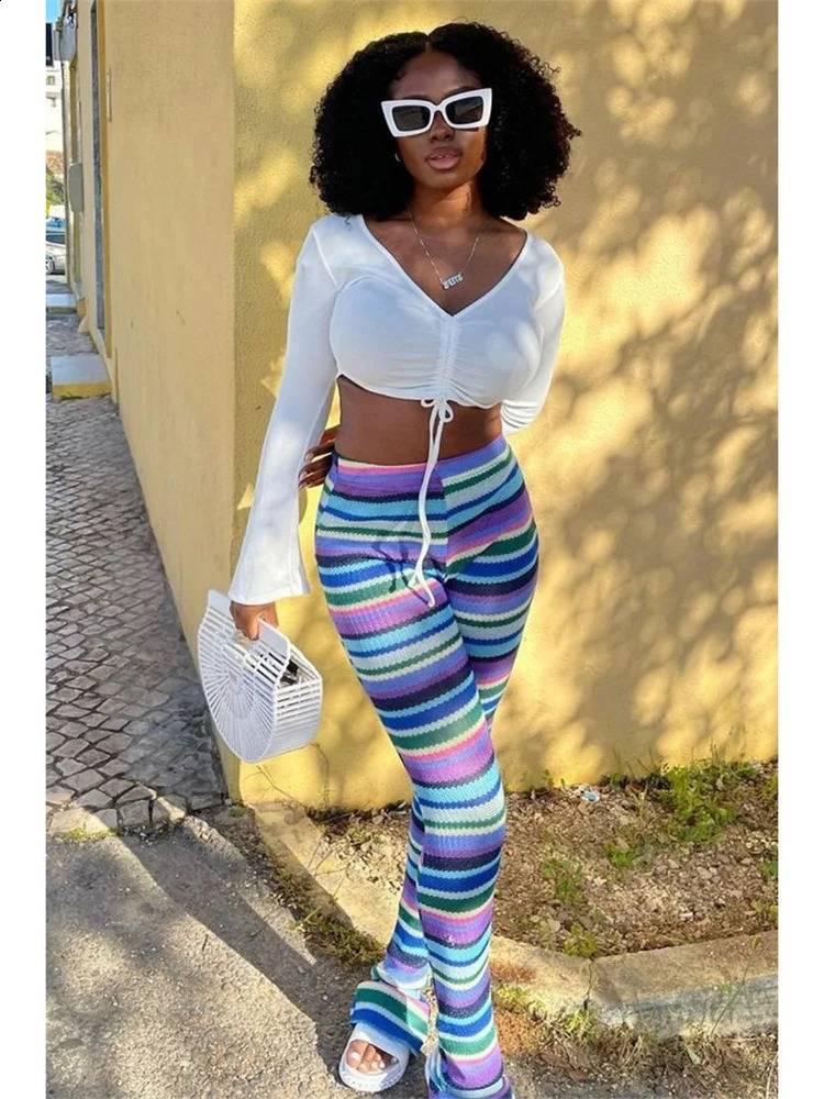 Weird Puss Colorful Striped Women Flare Pants Knitted Elastic Waist Skinny Summer Trendy Y2K Streetwear Daily Wild Bottoms 240823